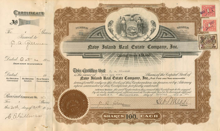 Navy Island Real Estate Co., Inc. - Stock Certificate